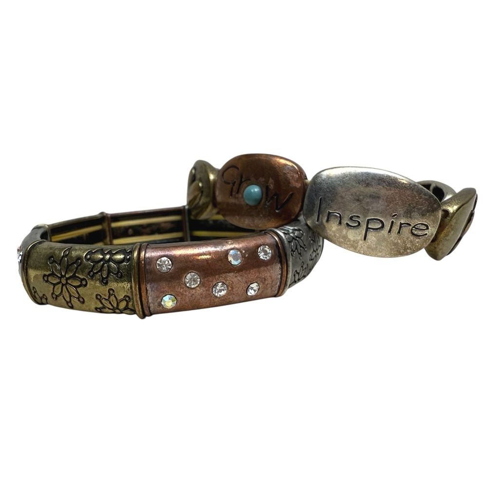 Rustic Copper Stacking Stretch Bracelets Set Boho Charm Rhinestone Jewelry - Picture 3 of 10